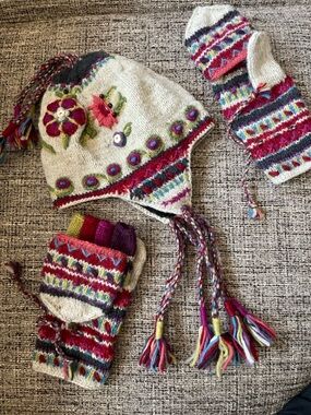 Hand-Knit Floral Earflap Hat & Mittens Set - Cream with Multicolor Accents